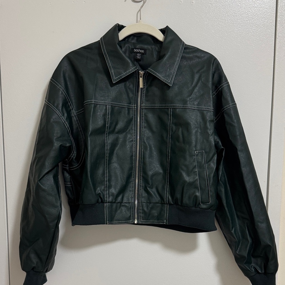 faux leather green bomber jacket